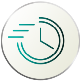Circled icon with a clock with lines indicating time passing fast inside